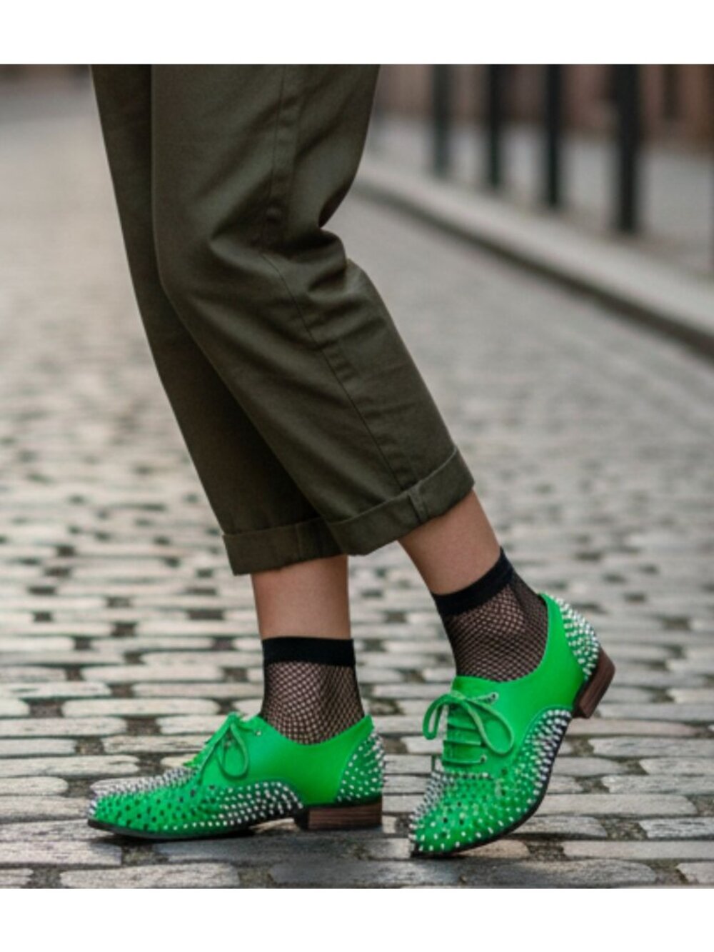Studded Green Lace-Up Oxford Shoes With Silver Spikes & Wooden Heel - Picture 7 of 16